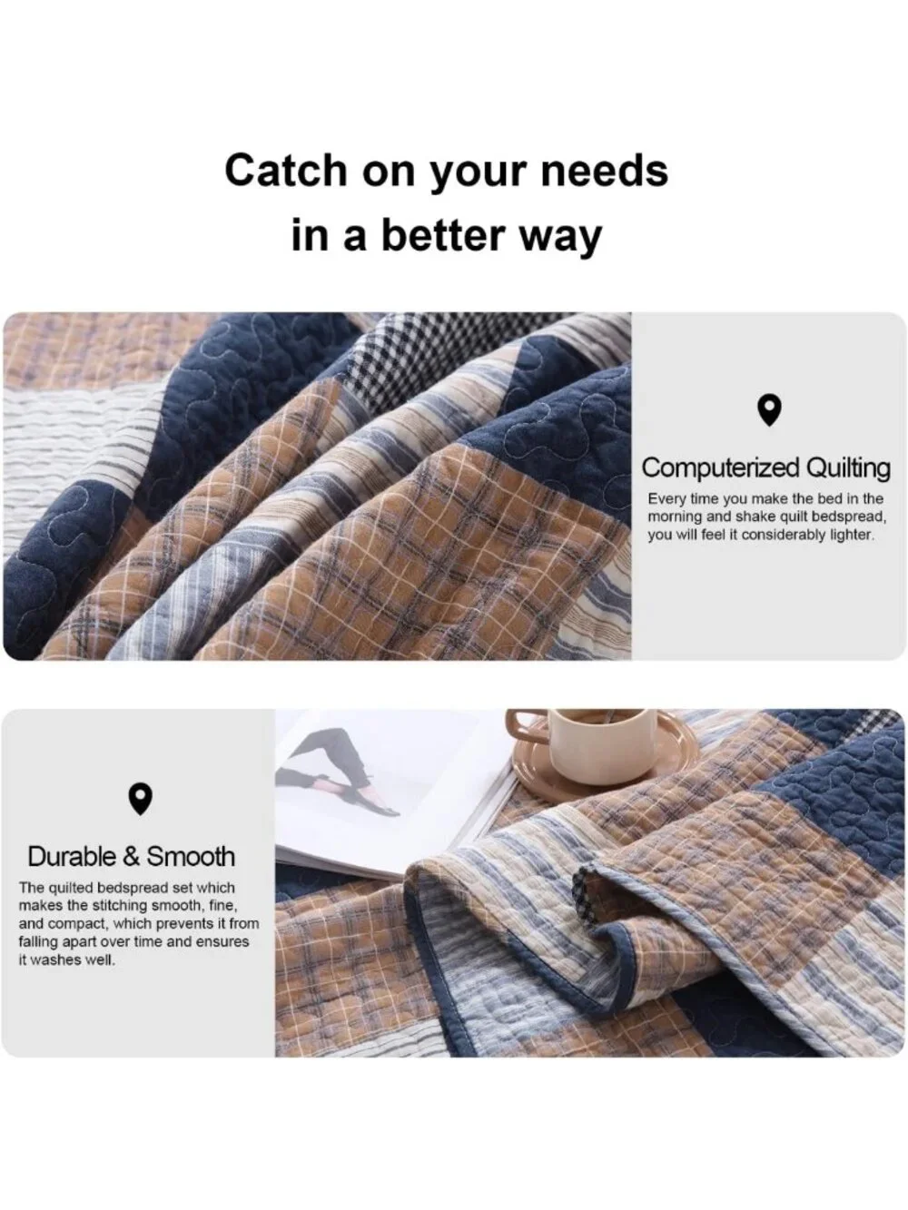 Cozy 100% Cotton Queen Quilt Set - Reversible Patchwork Plaid Bedding, Farmhouse